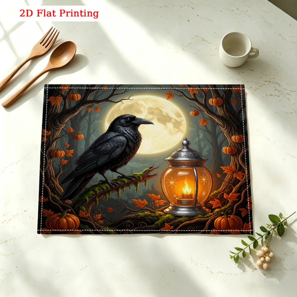 Raven Lantern Moon Halloween Scene Kitchen Placemat Coaster Linen Pad Dish Coffee Cup Table Mat 30x40cm Home Decor