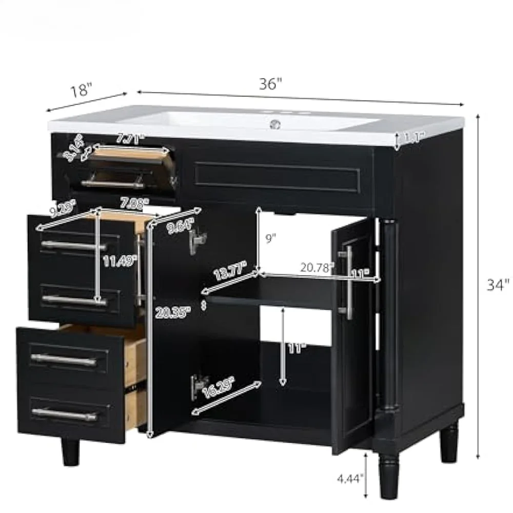 

36inc Bathroom Vanity with Sink Top, Solid Wood Bathroom Storage Cabinet with Undermount Sink and Tip-Out Drawer, 2 Drawers