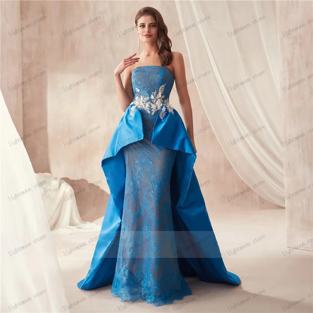 ゴージャスなイブニングドレス サテン プロムドレス レース アップリケ ストラップレス バックレス ローブ フォーマルパーティー用 ベスティドス デ ガラ カスタマイズ