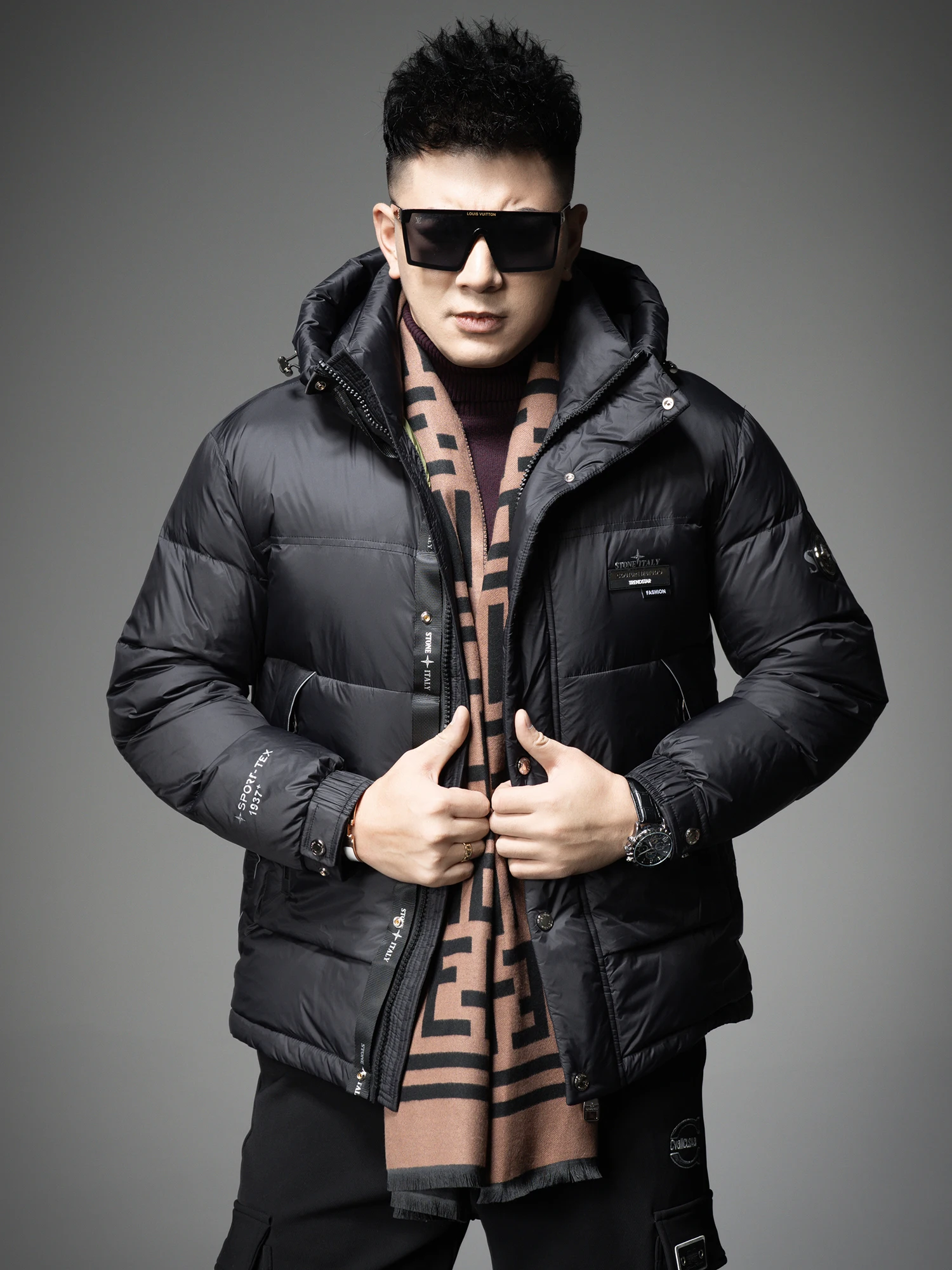 

Men's down Jaet Thiened White Du Feather Warmth Resistant Coat Hooded Outerwear Regular Fit Long Sve Zipper Closure