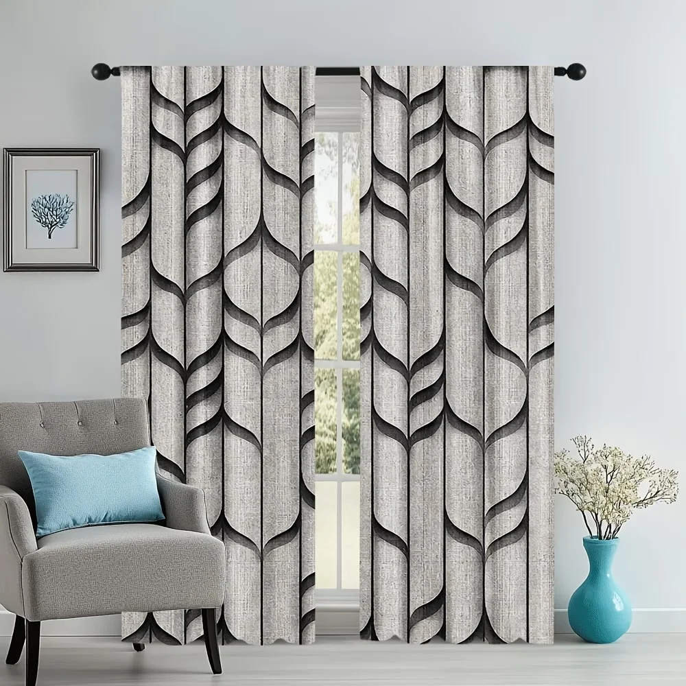 2PCS Digital Printed Curtains, Gray Background Black Stripes Abstract Pattern, Window Drapes for Living Room Bedroom Home Decor