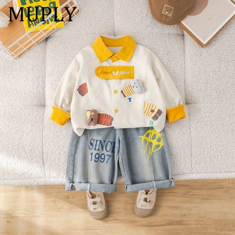 Boys Fashion Long Sleeve POLO Hoodie And Jeans Two-Piece Set Spring Autumn Comfortable Children's Outfit