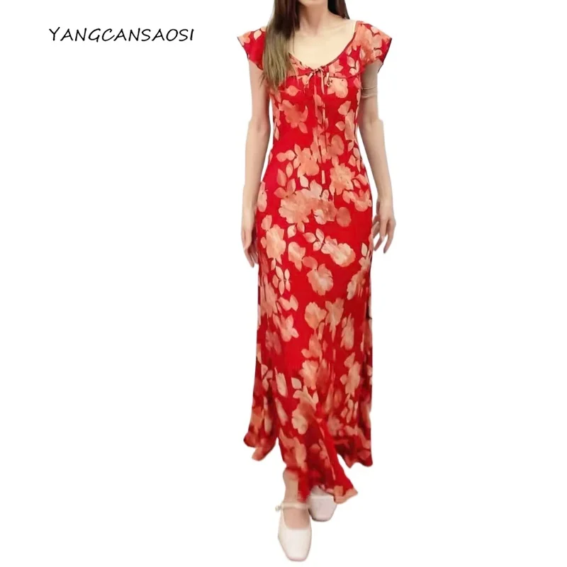 

Women's Summer Clothing 100% Natural Mulberry Silk Crepe De Chine French Coral Red Vacation Style Fashionable Printed Dress
