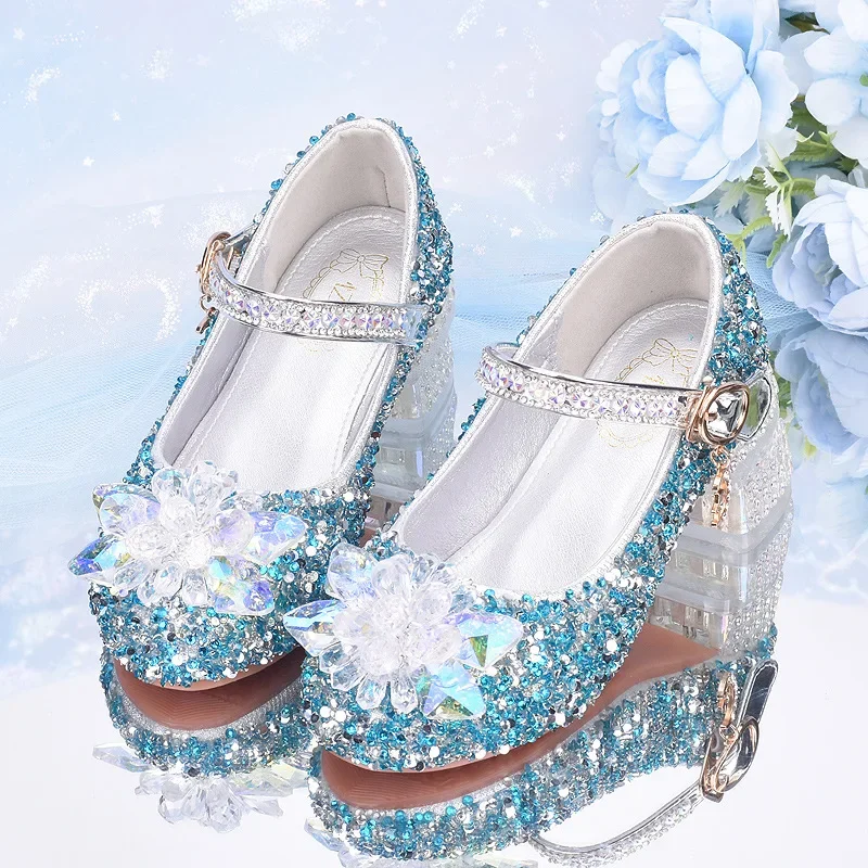 

Spring New Girls' High Heels Children's Leather Shoes Fashion Rhinestone Princess Crystal Shoes Performance Dance Shoes