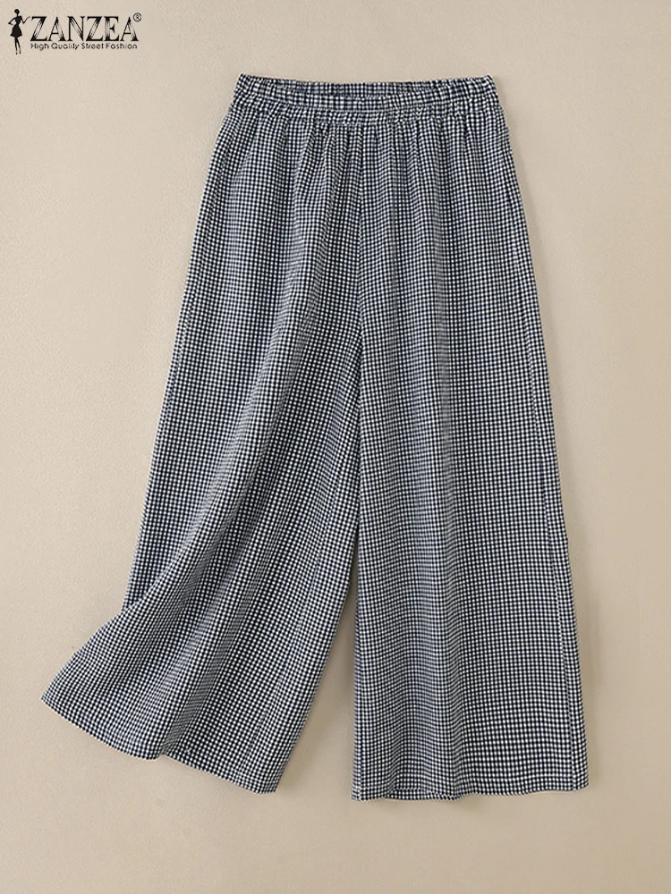 ZANZEA-pantalones a cuadros de guinga para mujer, pantalón holgado informal Vintage, para uso diario, pantalones de pierna ancha con cintura elástica para ir al trabajo, otoño 2024