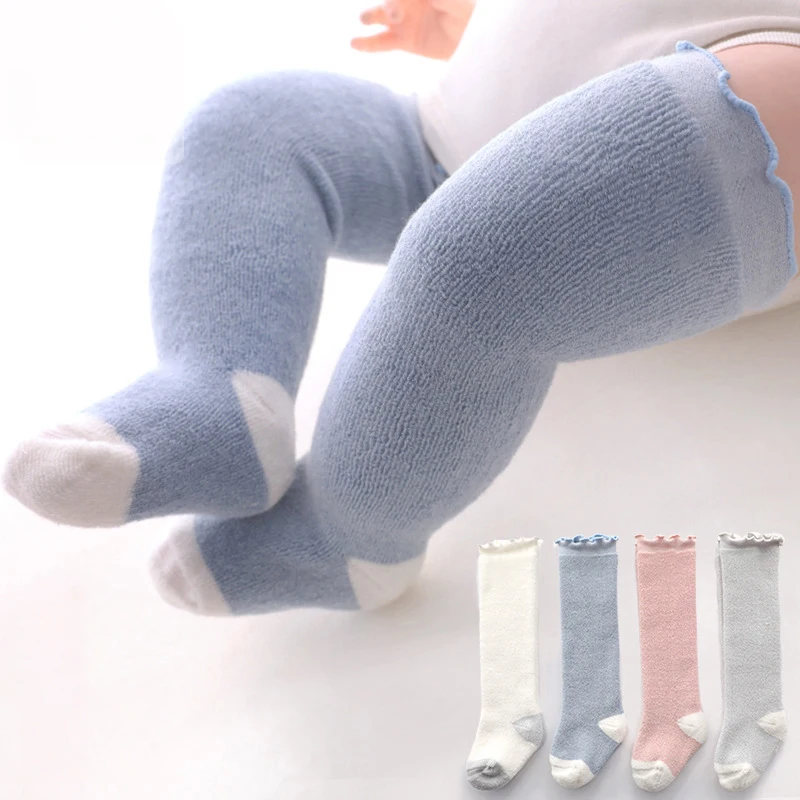

Длинные носки для новорожденных, осенне-зимние толстые теплые гольфы для мальчиков и девочек, эластичные хлопковые детские носки для малышей