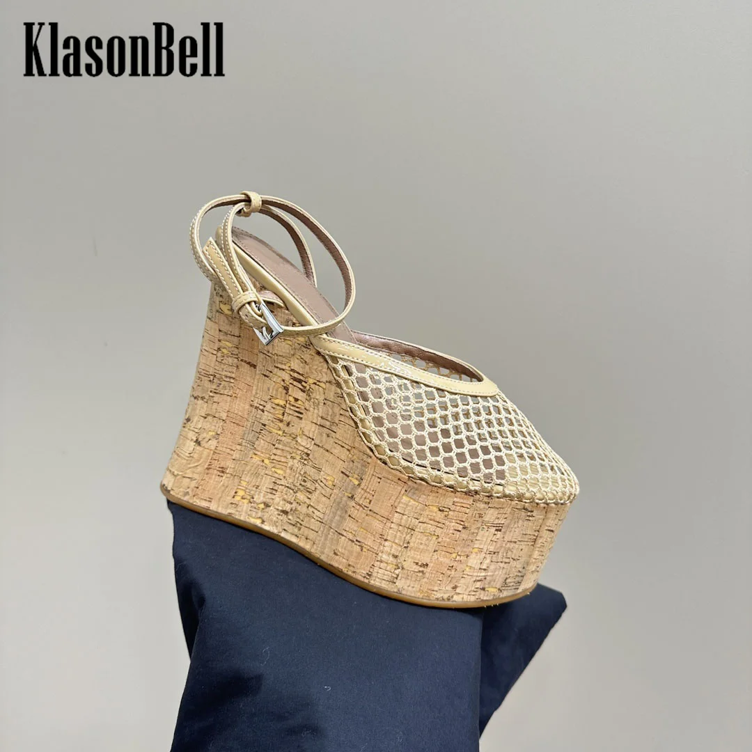 7.22 KlasonBell Women Fashion Thick Sole Mesh Sandals Wedges Heel Patent Leather Buckle Strap Sandals