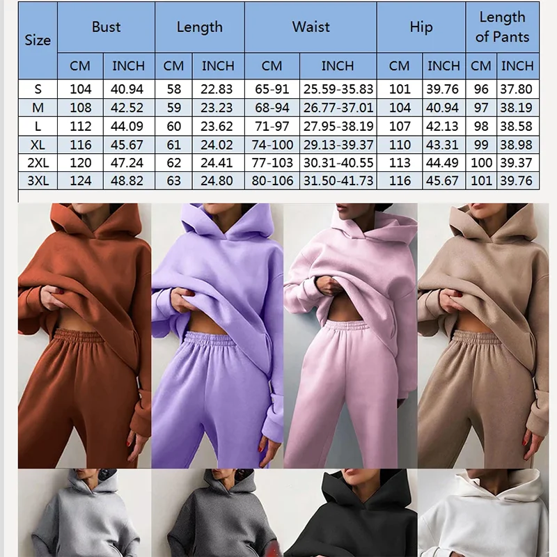 Long Two-piece Suit Fleecing Hooded Sweatshirt Loose Top Set Solid  Casual Sporty Winter Women Sweatpant Streetwear Clothes Pink