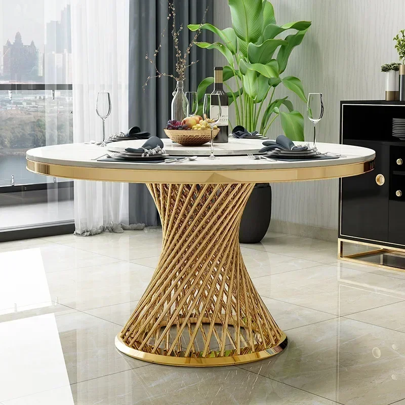 Luxury Home Furniture Gold Round Marble Dining Table Set 6 Chairs With Stainless Steel Base