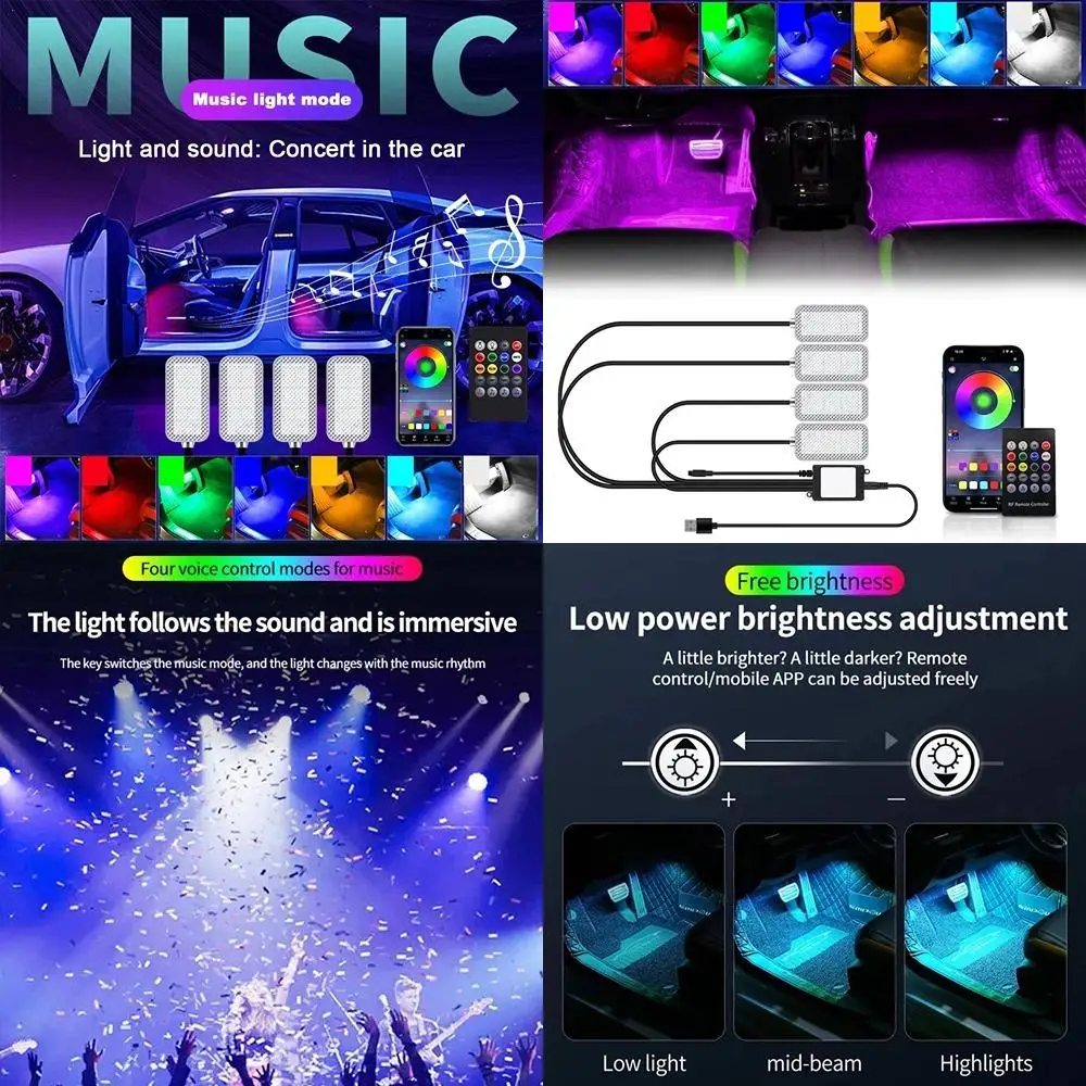 

1Set USB 5V Car Ambient Light Car Foot Light Footwell Light LED Eight Color Ambient Light Music Rhythm Light Control Mode Light