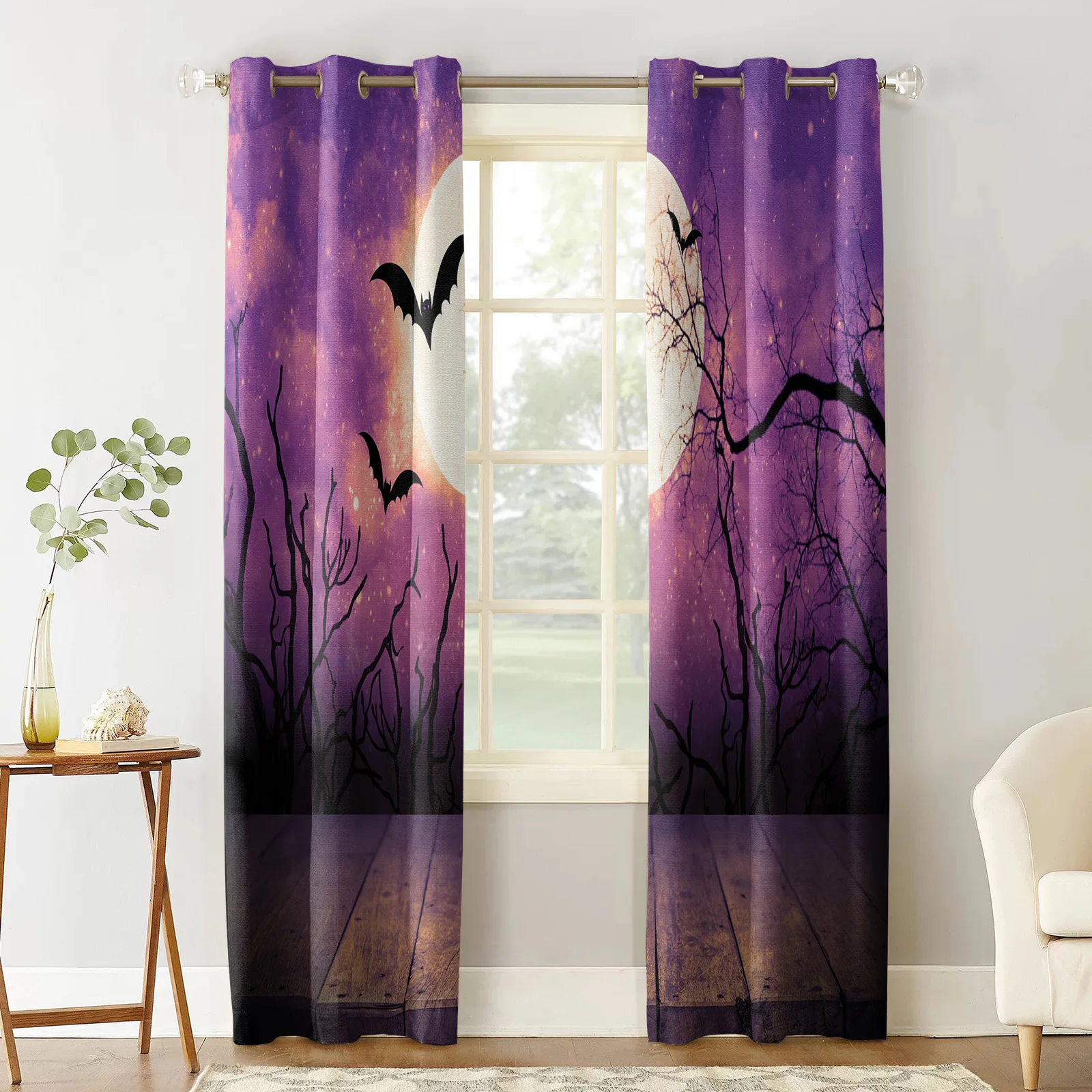 Wooden Table Halloween Purple Window Curtains Window Blinds Living Room Decor Bedroom Kids Curtain Panels With Grommets