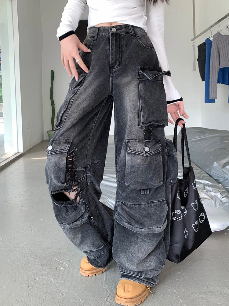 2023 Roupa Y2K Streetwear Washed Black Baggy Ripped Cargo Jeans Pants For Women Clothes Straight Wide Leg Dress Lady Trousers