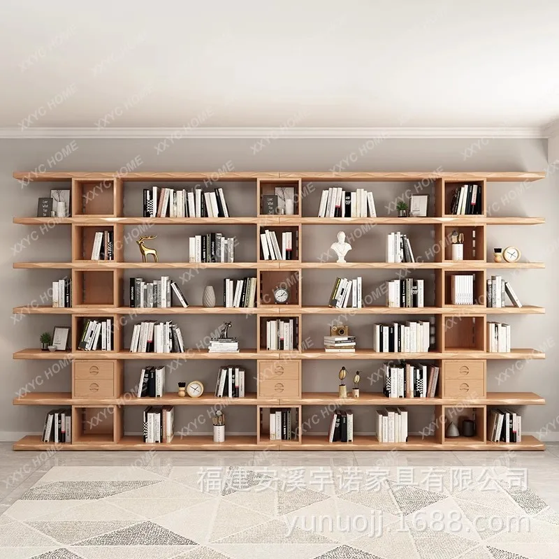 LSolid wood bookshelf floor-to-ceiling against the wall, whole wall multi-layer storage rack ornament decoration