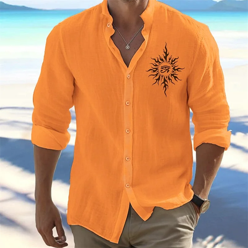 Summer Men's Linen Shirt Flip-over Beach Shirt Long Sleeves Pure Color Hawaiian Pink Pattern New Collection