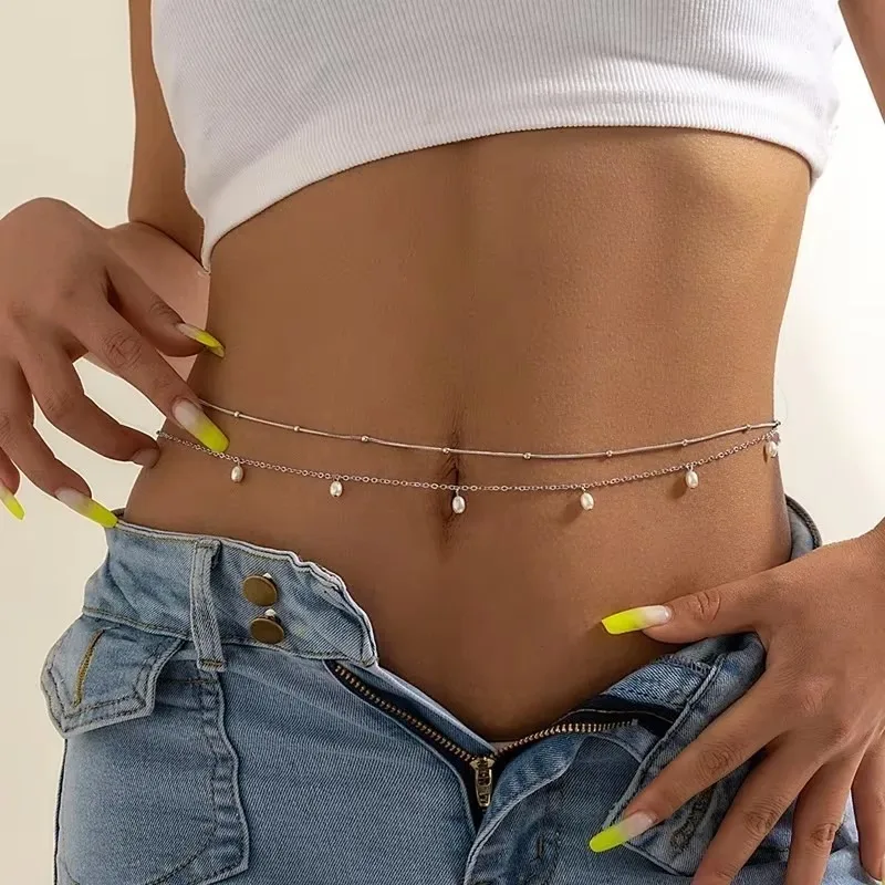 Cadena de mariposa de perlas de doble capa para mujer, cinturón de cuentas para la cintura, accesorios de joyería para el cuerpo, playa, verano, 2024