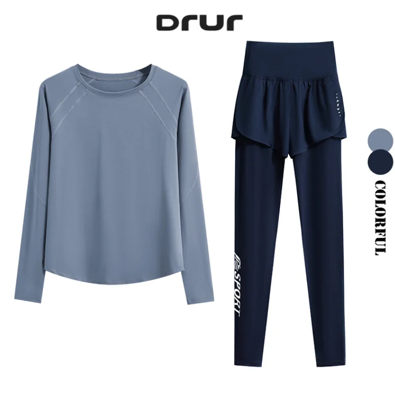 

DRUR 2-х предметный осенне-зимний комплект для йоги, женский спортивный топ с длинными рукавами, брюки, быстросохнущий дышащий костюм для тренировок, бега, костюм для йоги