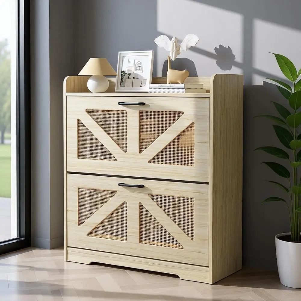 خزانة تخزين الأحذية قائمة بذاتها مع أدراج قابلة للطي، مقبض معدني، أقدام خشبية، رف أحذية نحيف للمدخل، البهو، المدخل، Nat