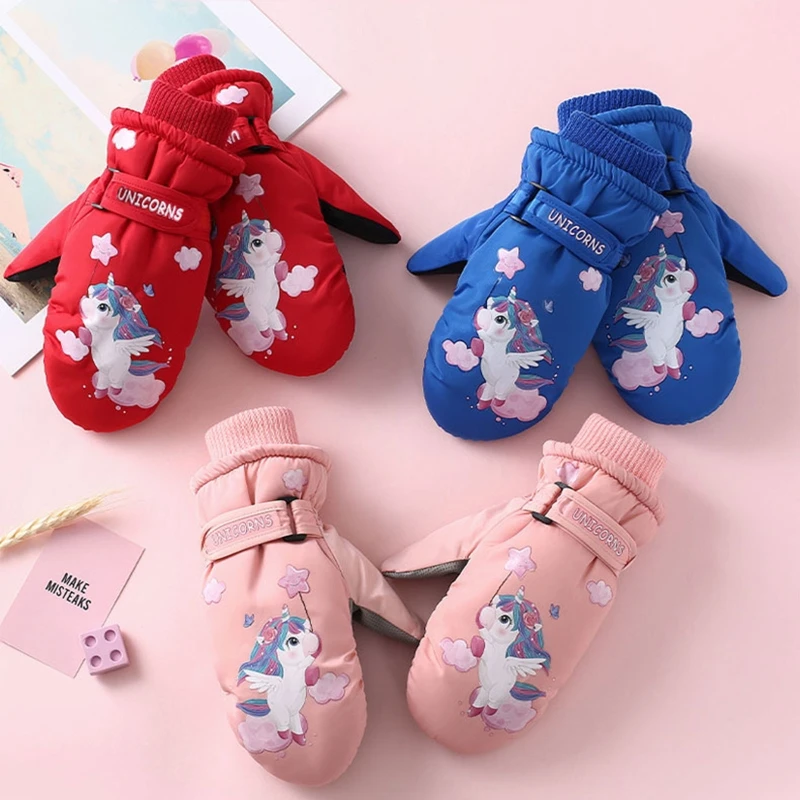 Guantes cálidos invierno con estampado unicornio dibujos animados para niños 2 a 5 años, guantes nieve a prueba