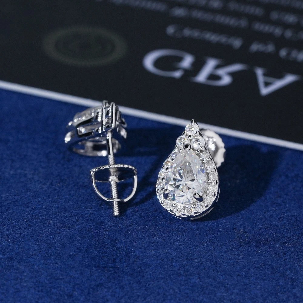 1.7cttw Pear Cut Moissanite Stud Earrings Screw Back 925 Sterling Silver Waterdrop Earrings Pass Tester Gift for Women with Gra