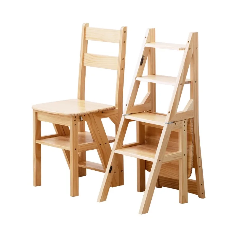 Expandable Solid Wood Ladder Chair Indoor Folding Stool with Cross-shaped Structure for Multipurpose Use