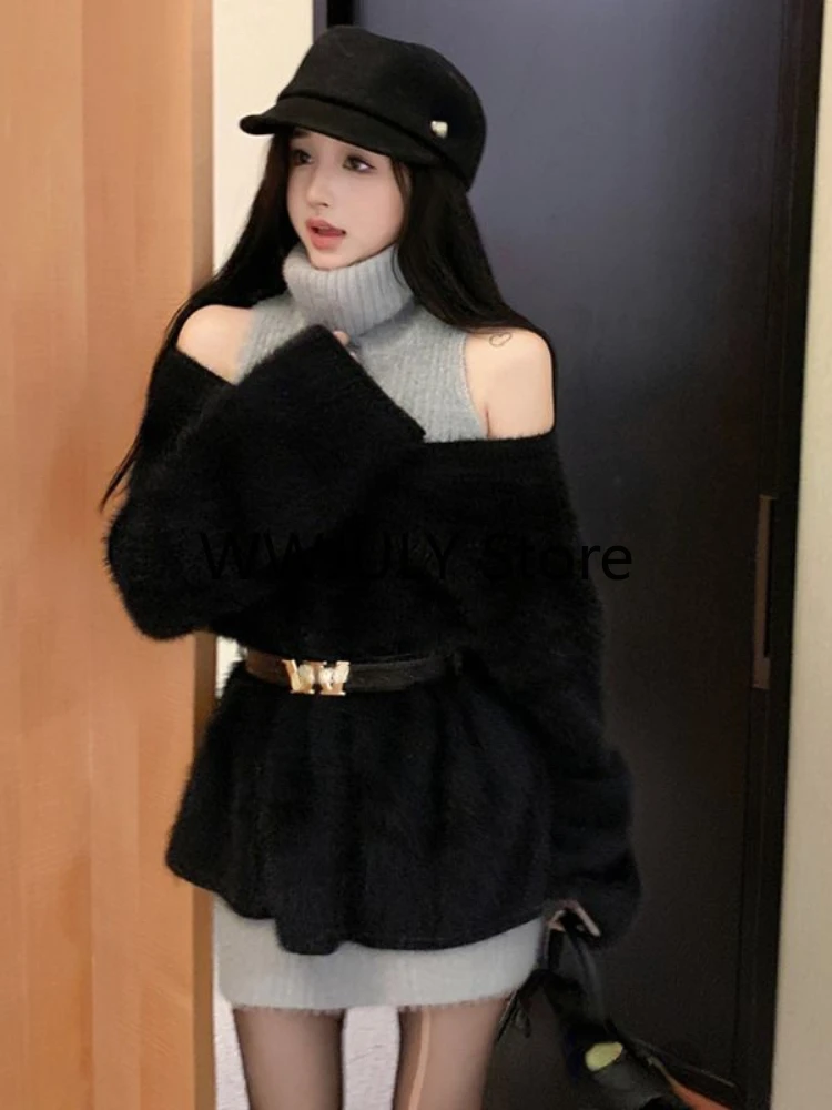 2023 Autumn Elegant Knitted Suit Woman Black Sweater Tops Slim Bodycon Sleeveless Dress Casual Y2k Mini Dress Korean Fashion Set