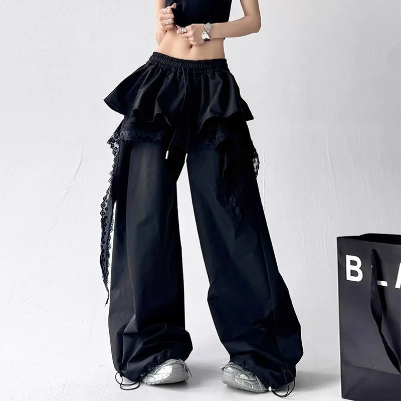 Women's Chic Design Tooling Casual Pants 2026 Spring Autumn New Niche Splicing Lace Trousers Female Dancing Wide-leg Pants