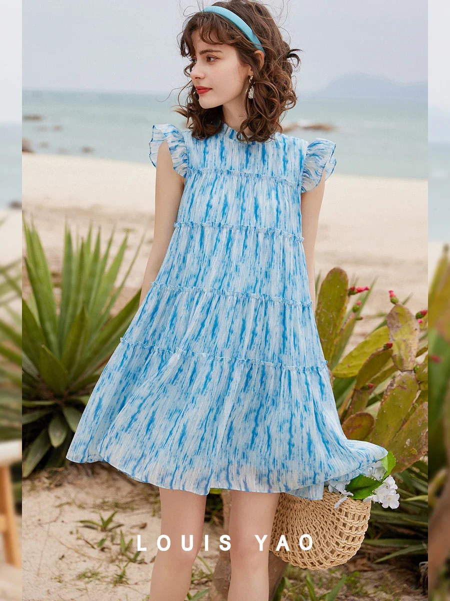 

LOUIS YAO Women Dress 2024 Summer Stand Collar Short Sleeve Loose Fit A-LINE Sweet Short Dress