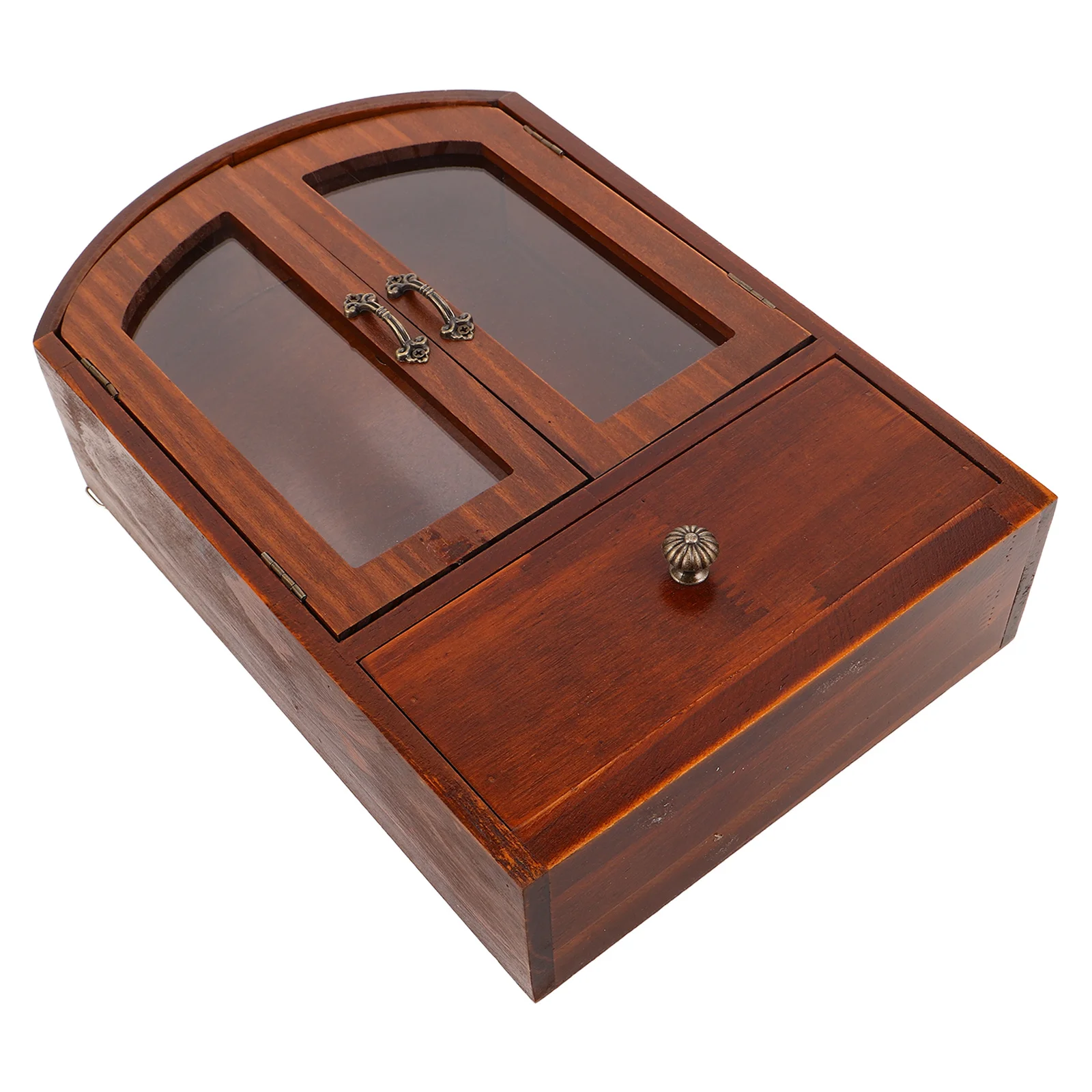 

Wood Desktop Cabinet with Drawer Retro Style Storage Box for Makeup and Desk Accessories Glass Front Display Shelf Organizer