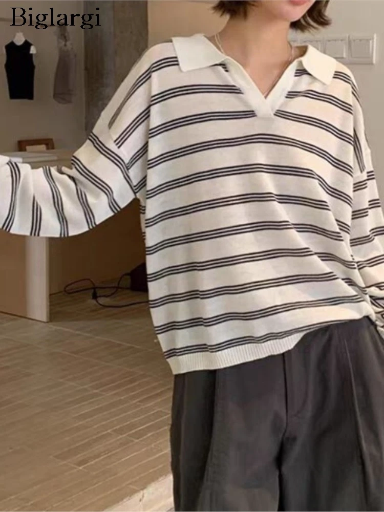 

Knitted Striped Print Autumn Pullover Sweater Women Korean Style Loose Long Sleeve Casual Ladies Sweaters Fashion Woman Sweater