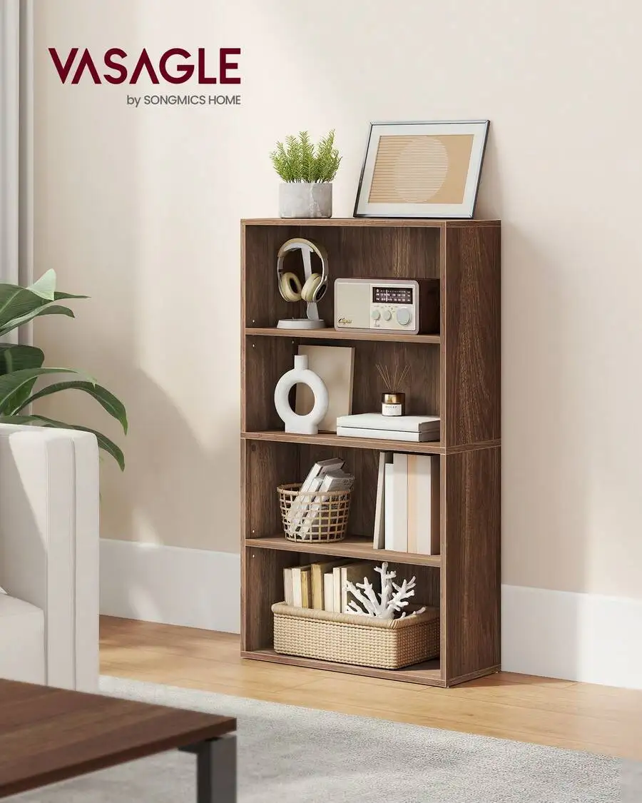 Bookshelf, 4-Tier Open Bookcase With Adjustable Storage Shelves, Floor Standing Unit, 9.4'D X 23.6'W X 42.3'H, Rustic Brown, Whi