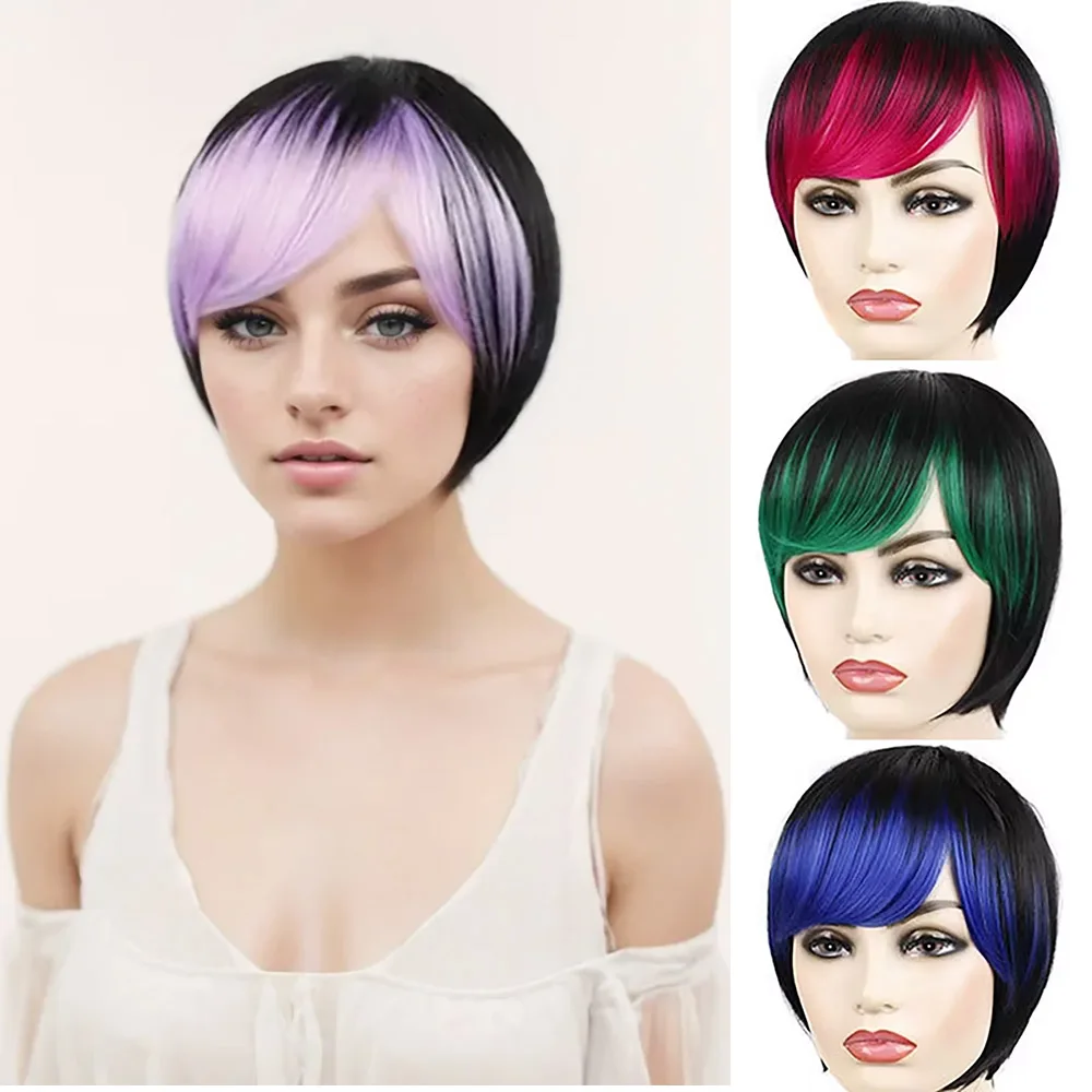 Synthetic Wigs Short Straight Bob Wig With Bangs Ombre Color Colorful