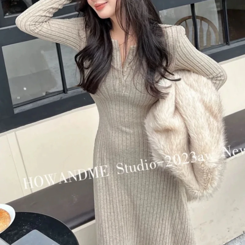 Autumn Winter New Fashion Long Sleeve Solid Slim Women\'s Clothing Korean Temperament Trend Simplicity Knitting All-match Dresses