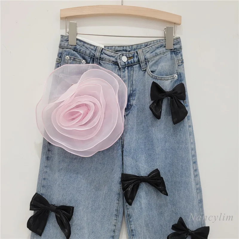 2024 Autumn Blue Jeans Woman Three-Dimensional Bow Flower Jeans New Fashion All-Match High Waist Slimming Loose Long Pants