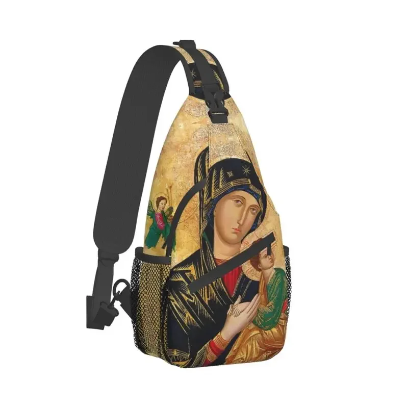 Our Lady Of Perpetual Help Crossbody Sling Backpack Men Roman Catholic Virgin Mary Shoulder Chest Bags for Camping Biking