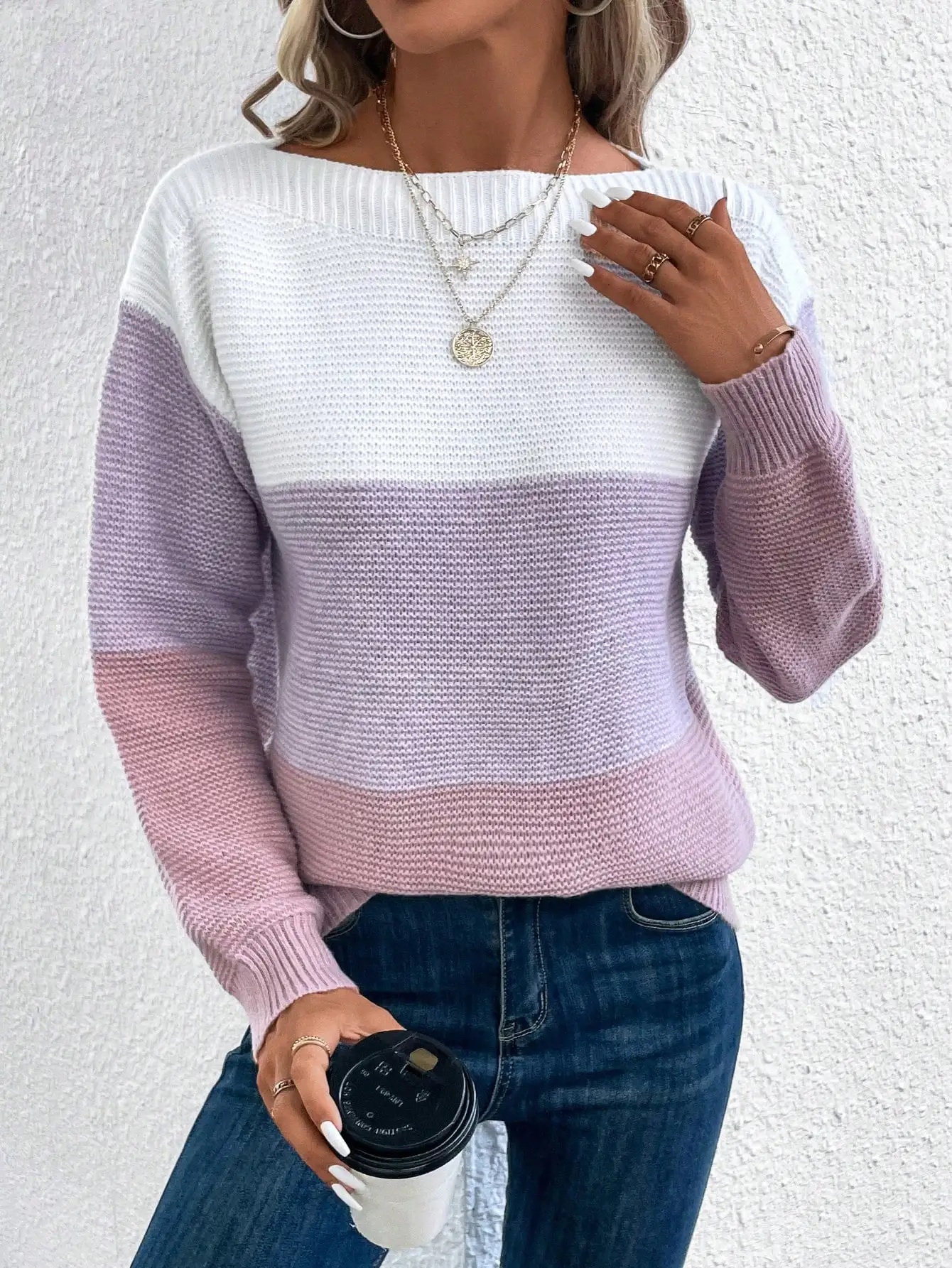 Women's Boat Neck Knit Sweater, Regular Sleeve, Slim Fit, Color Block Striped Long Sleeve Pullover, Casual Autumn Winter Knit To