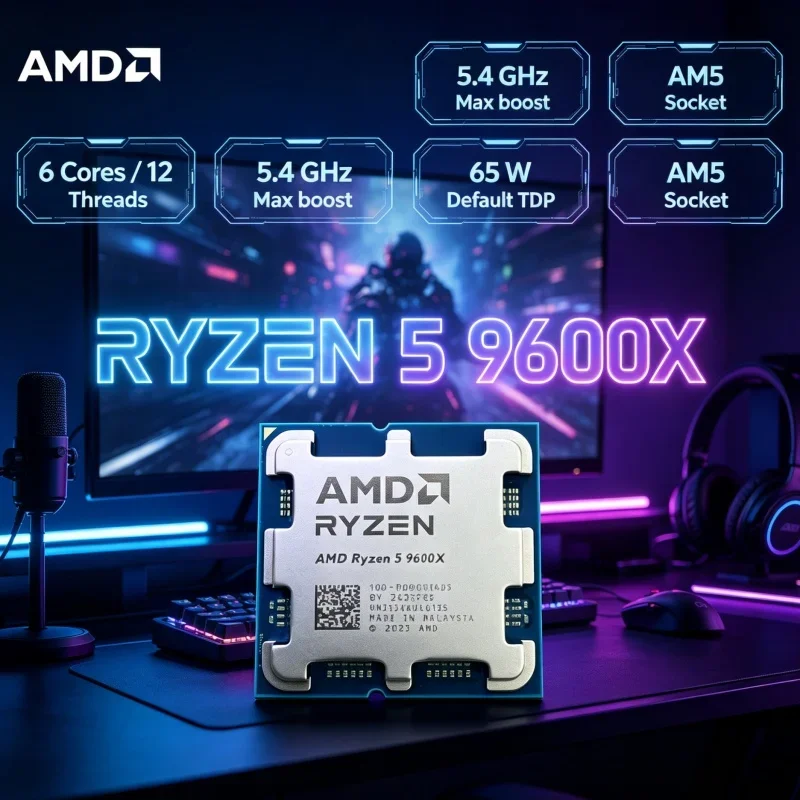 High Performance CPU AMD Ryzen 5 9600X 5.4GHz Boost 6C12T 32MB L3 DDR5 AM5 Socket Gaming Processor 65W Low TDP
