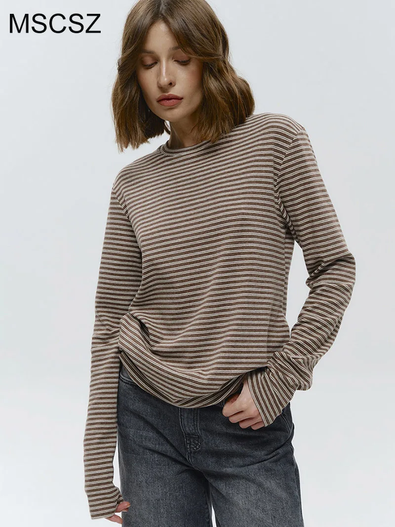 

MSCSZ Striped Long Sleeve T-shirt For Women Crew Neck Casual Cotton t-shirts Spring Autumn Basic Tee Shirts