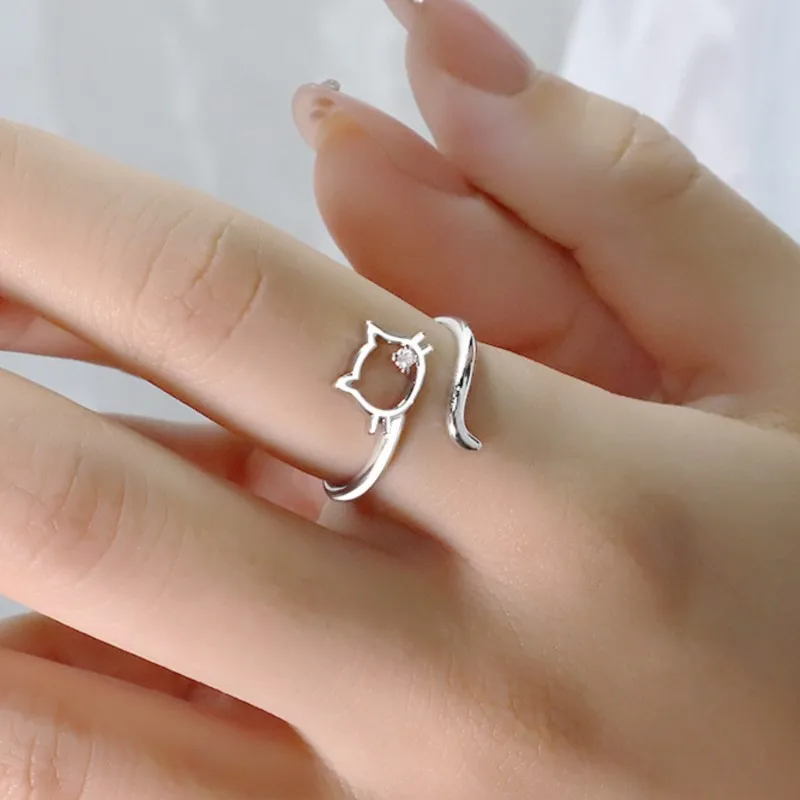 Sam Panda 925 Sterling Silver Zircon Ring For Women Delicate Hollow Out Cat Open Adjustable Engagement Jewelry Dropshipping