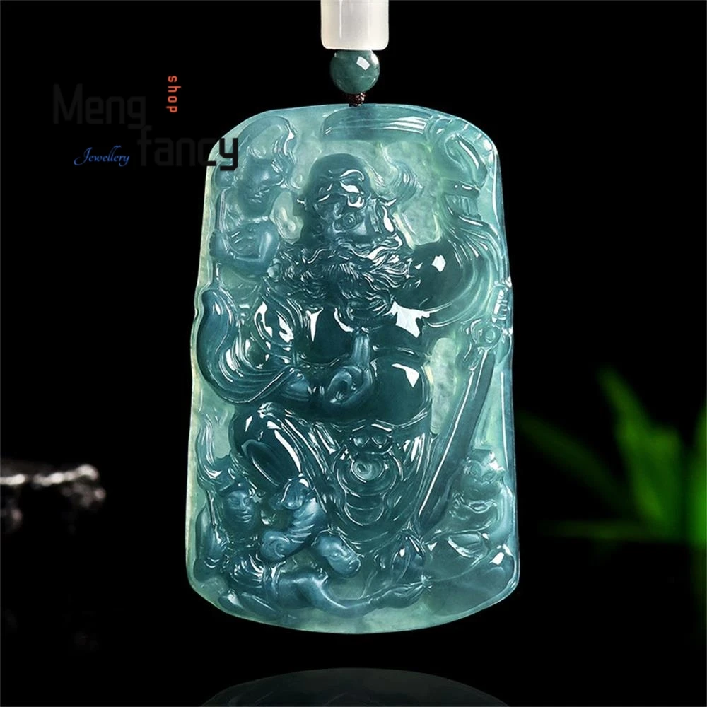 

Натуральный натуральный жадеит класса А с синей водой Zhong Kui, выдувные демоны, ледяной тип, нефритовый кулон, роскошные модные украшения в национальном стиле