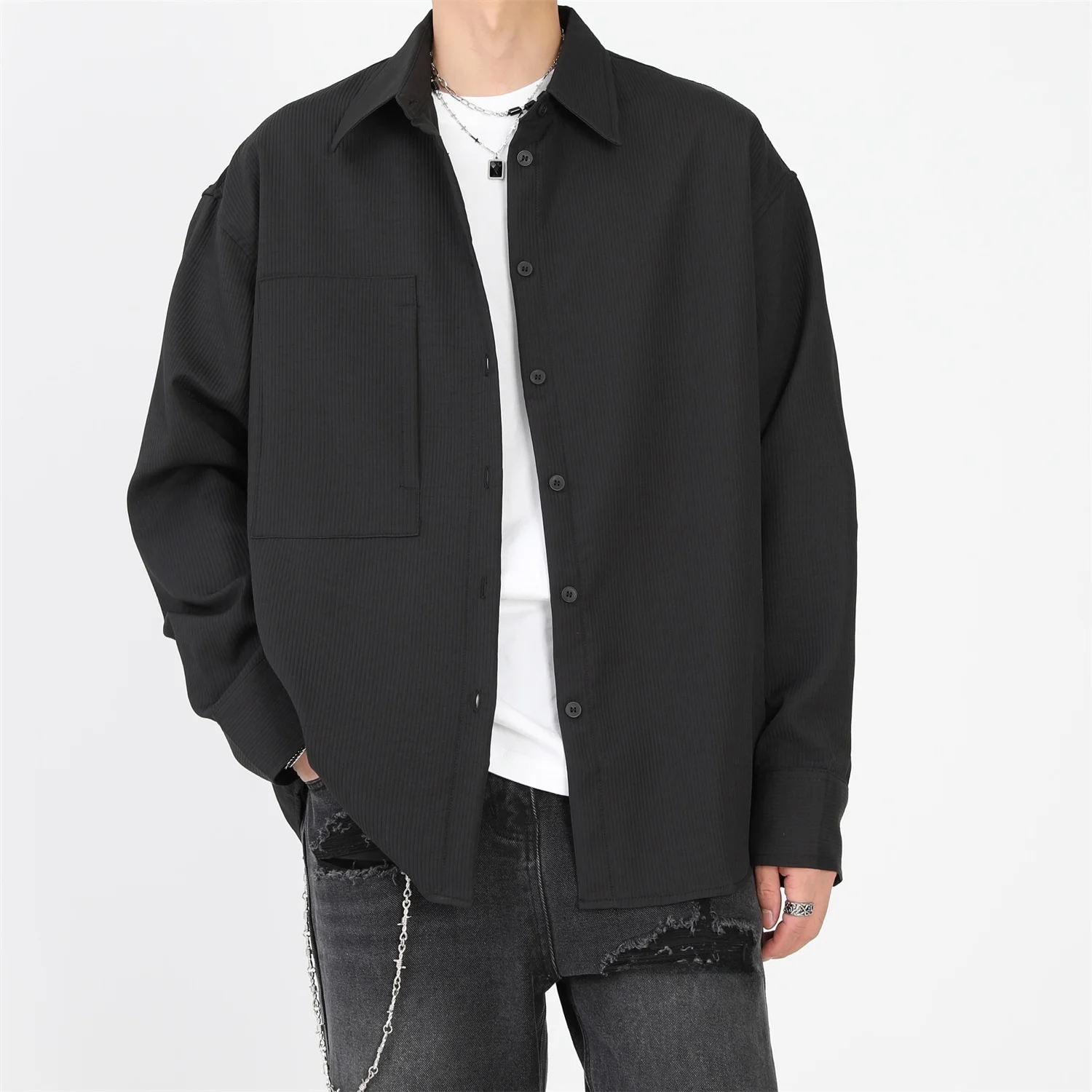 

Loose Fit Long Sve Men's irt Textured Stripe Drapey Spring Autumn Outerwear Classic Sle Youth Trend Color