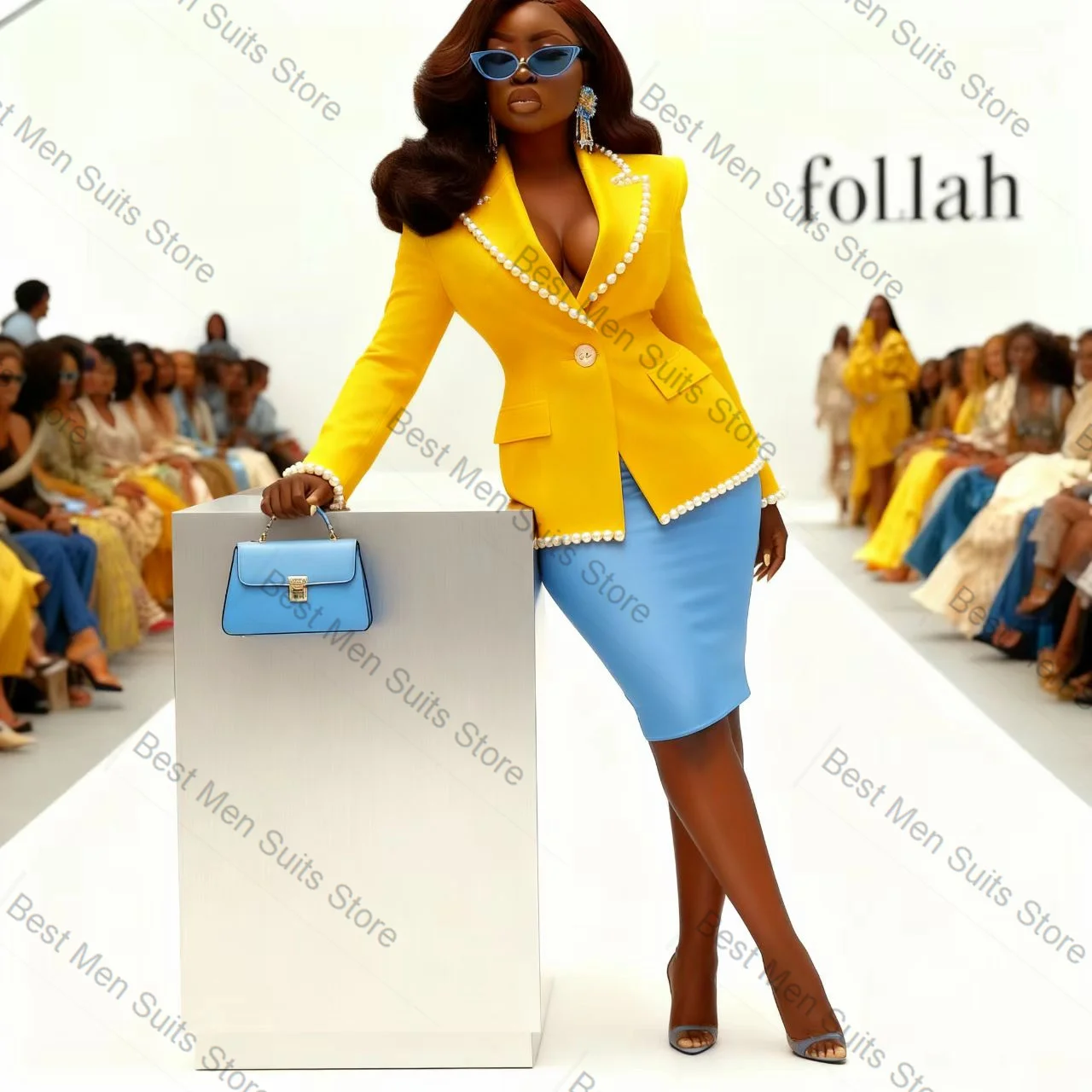 

Pearls Yellow Blue Women Suit Set 2 Pcs Blazer+Short Mini Prom Dress Formal Office Jacket Customized Wedding Guest Prom Coat