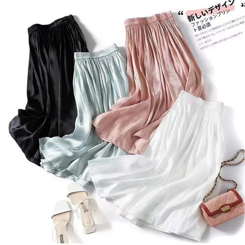 단색 멀티 컬러 우아한 A라인 스커트, 신축성 허리, 루즈한 플리츠 스커트, 오피스 레이디, 스위트 캐주얼, 올매치 스커트, 여름 