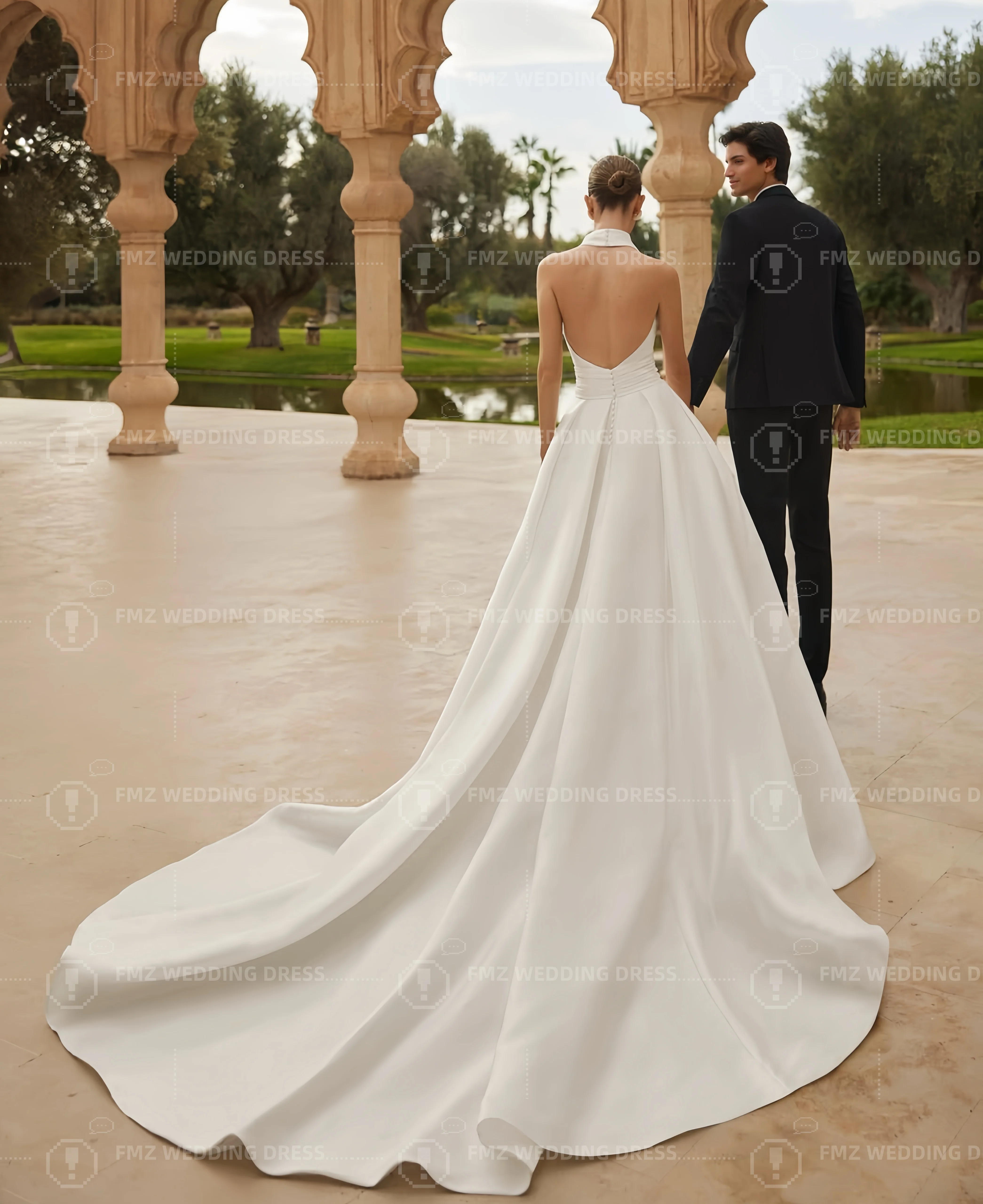 Customzied High collar sleeveless A-LINE satin elegant wedding dress vestidos de novia amanda novias amanda novias official