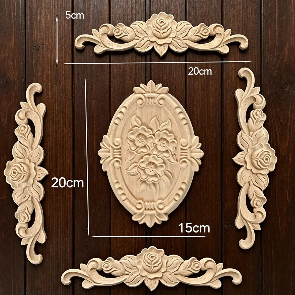 5PCS Flower Carving Natural Wood Appliques for Furniture Cabinet Unpainted Wooden Mouldings Decal Decorative Figurine