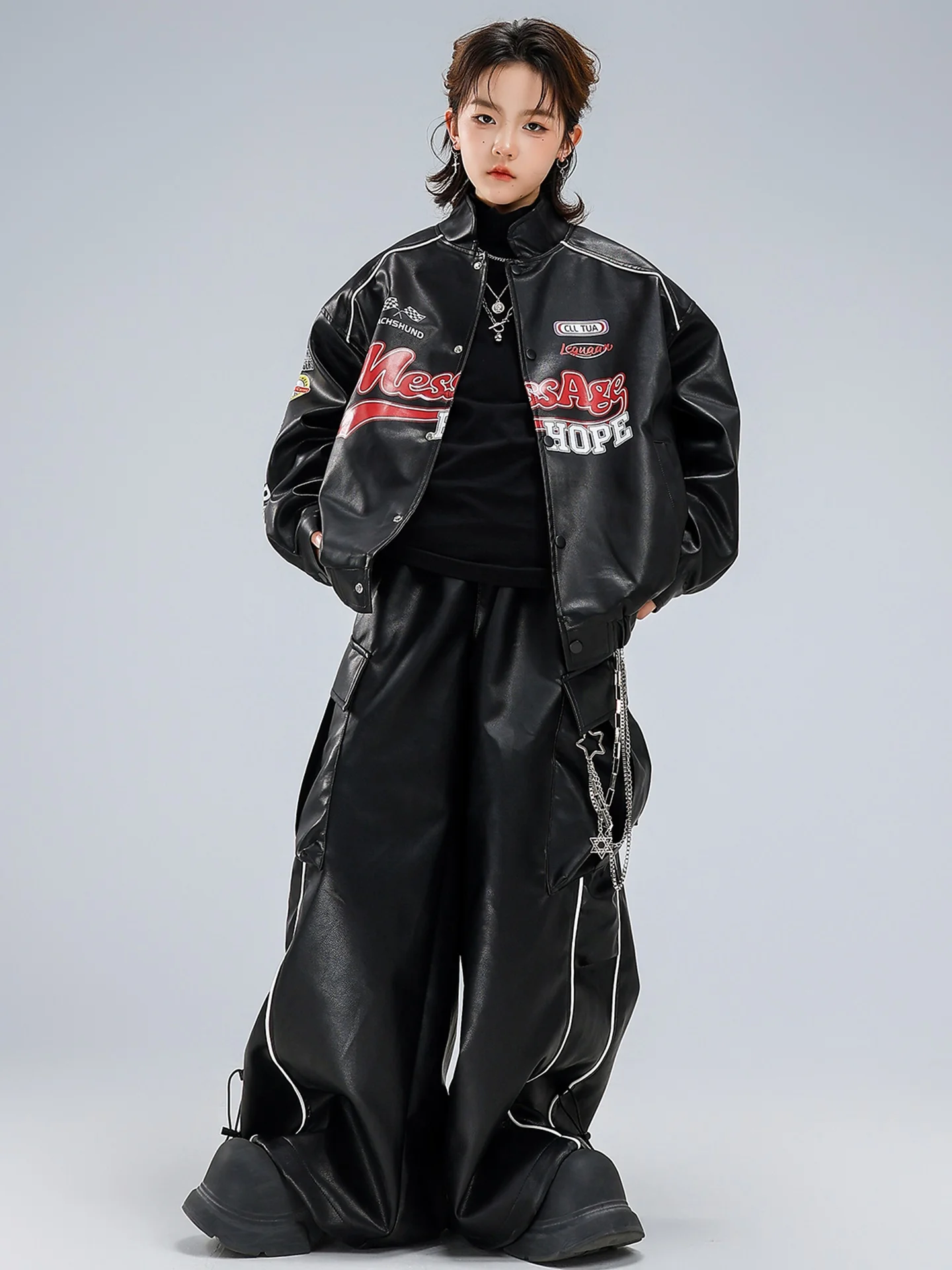 Vêtements Hip Hop Cool pour adolescents, veste en cuir noir, pantalon, tenues de danse de rue amples, spectacle de tambour, Costumes de danse de rupture BL17805