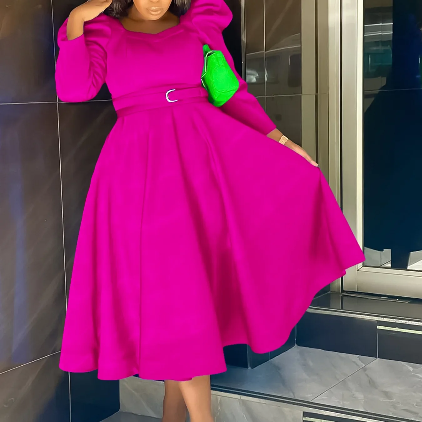 

2024 Long Puff Sleeve Elegant Pleated Belt A-Line Birthday Evening Dresses Spring Autumn Stylish Women Solid Color Party Dress