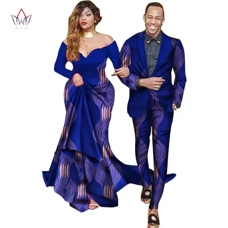 African Sweet Lovers Matching Couples Clothes Gift Valentine\' Day Long Sleeve Women Maxi Dresses and Mens Jacket Suits WYQ40