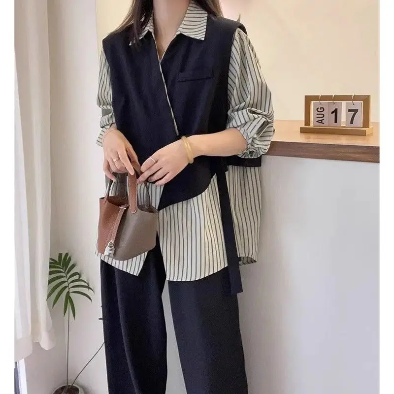 Spring Autumn New Fake Two Pieces Blouse Women POLO Collar Fashion Long Sleeve Pullovers Elegant Striped Patchwork Loose Tops