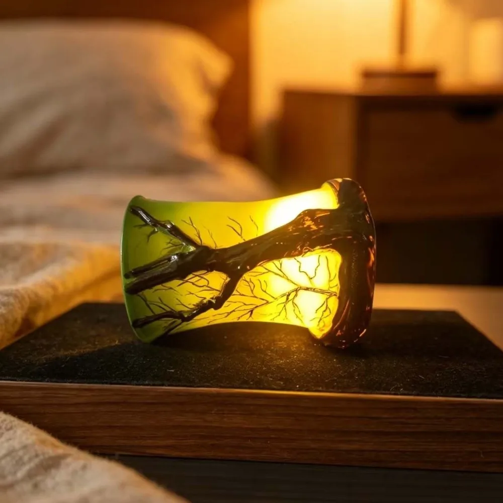 Tabletop Ornament Forest Tree Silhouette Night Light Vintage Hollowed Table Lamp Glowing Cylindrical Desk Lamp Holiday