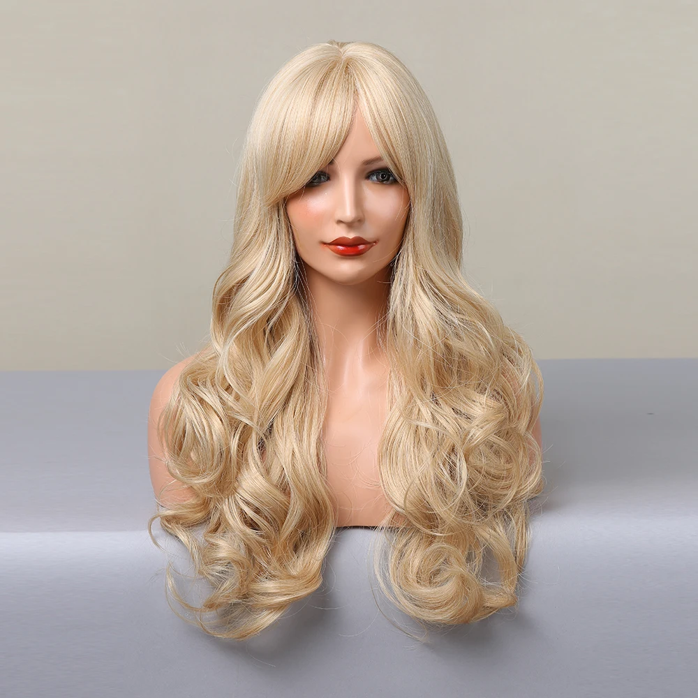 Lolita Blonde Wigs Long Curly Wavy Synthetic with Bangs Blonde Party Daily Wig Hair for Women Girls Heat Resistant Fiber
